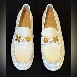 CHANEL Women's White Loafers with Gold Details